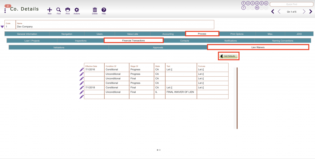 Company Lien Waiver Setup - 1
